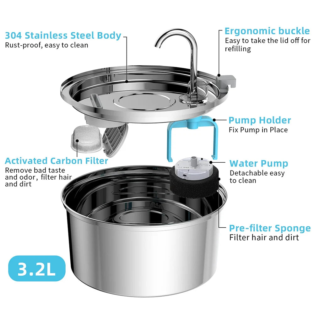 Stainless Steel Cat Water Fountain | 3L Automatic USB Pet Dispenser, Ultra Quiet with Double Filtration