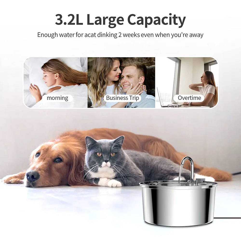 Stainless Steel Cat Water Fountain | 3L Automatic USB Pet Dispenser, Ultra Quiet with Double Filtration